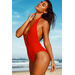 Liz Red Deep V Halter One Piece Swimsuit  thumbnail